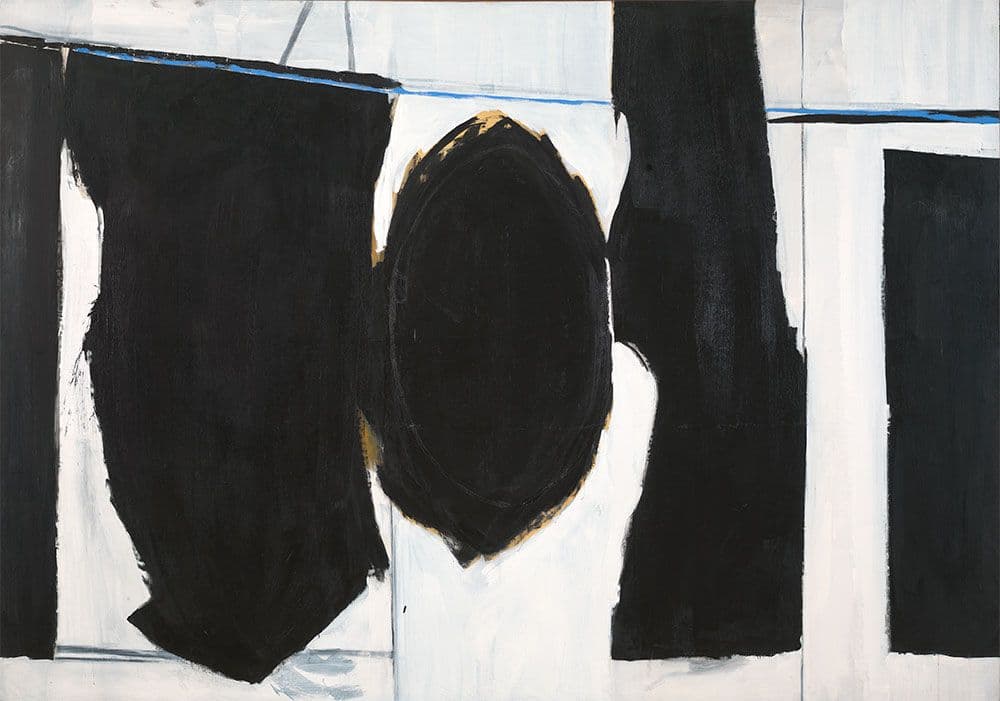 Abstract painting of black rectangular and oval shapes on a white/grey background