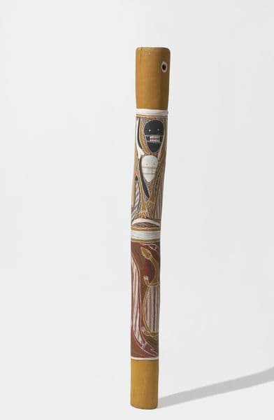 Traditional First Nations burial pole with yellow, black and ochre Geese/skull/python/tortoise imagery
