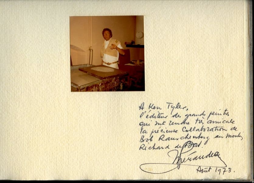 Scrapbook page with photograph of Rauchenberg and written french note