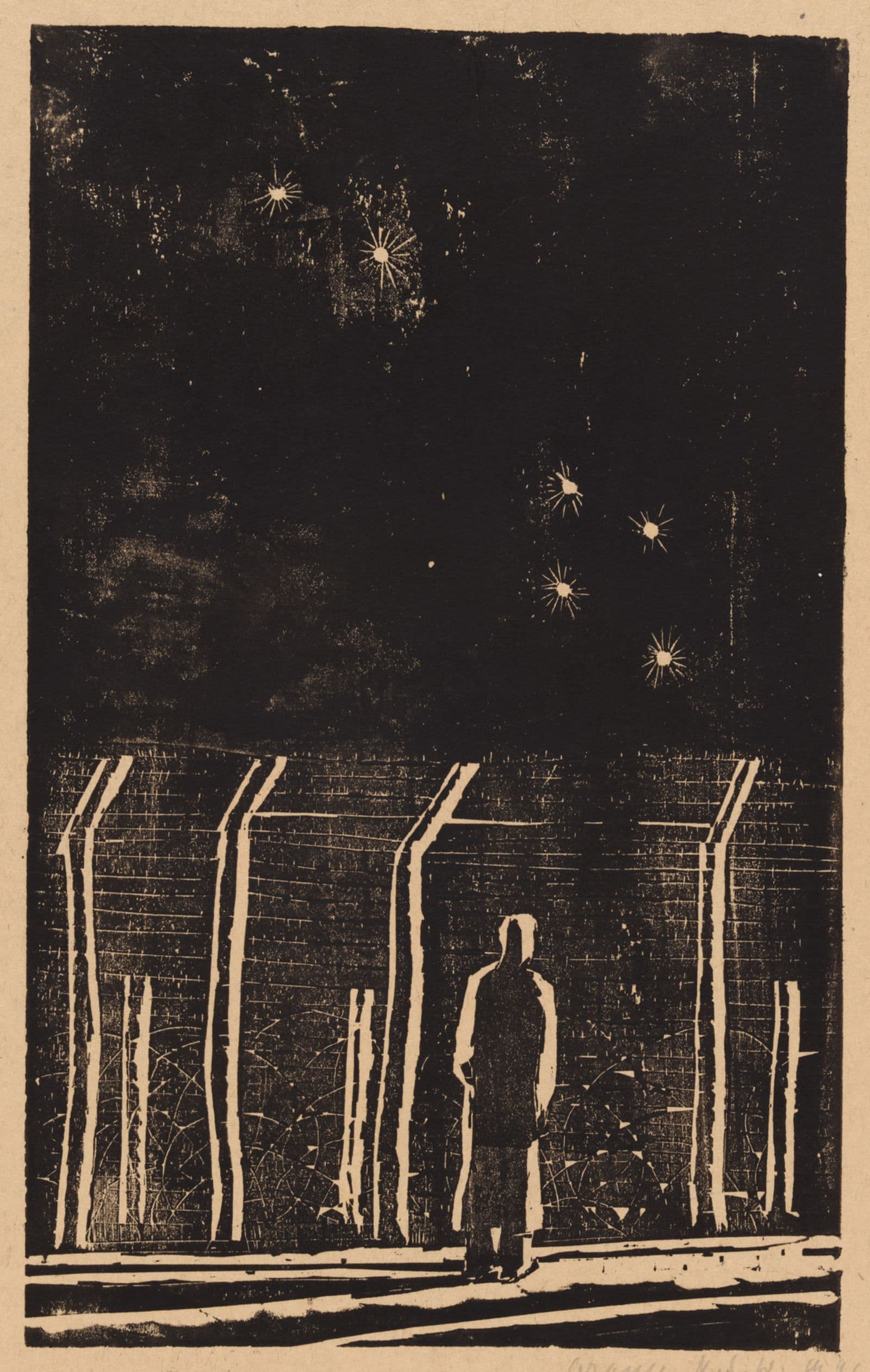 Black and white print of man in front of wire fence looking up at the southern cross