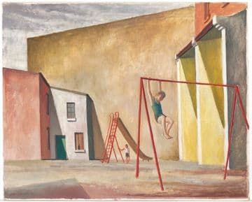 A painting of a simple children's playground in a courtyard between buildings. A child hangs of a metal frame at the front and another child stands beside a slide in the background