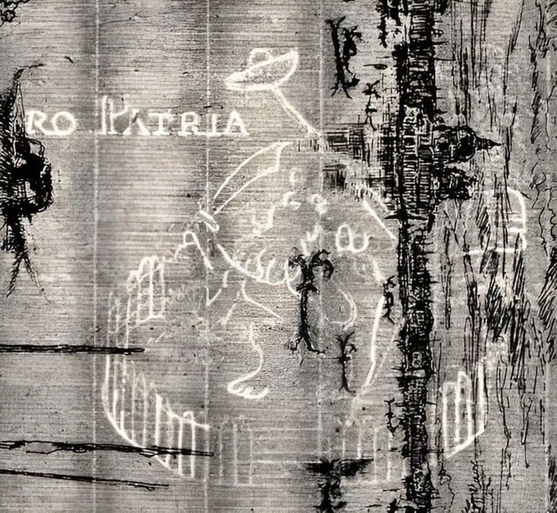 Watermark of man riding lion in a circular fence with the words Pro Patria above
