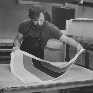 John Koller removing newly pressed Ellsworth Kelly ‘Coloured paper image XIII’ from felt
