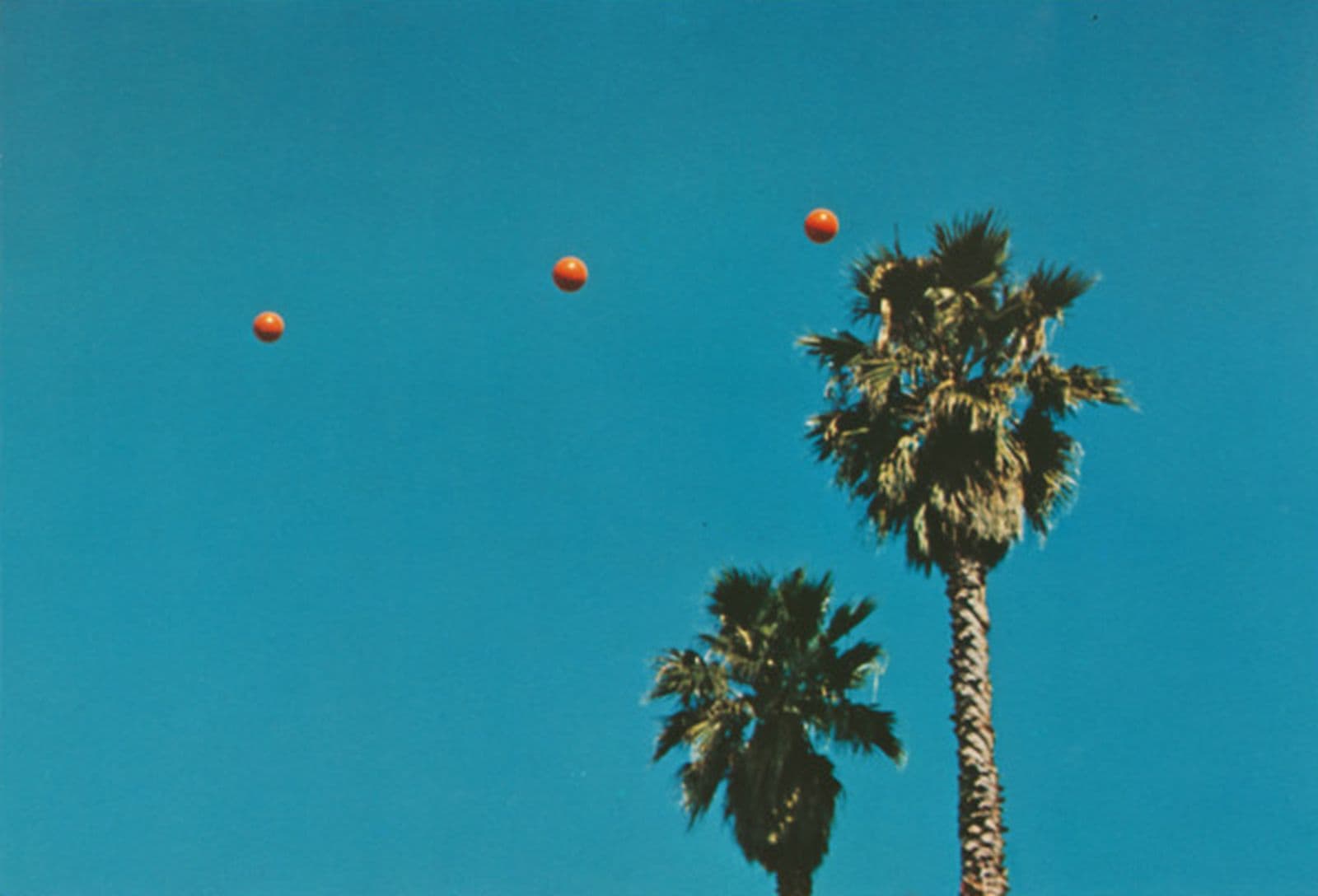 Three orange balls are mid-air with a bright blue sky and the tops of two palm trees in the background