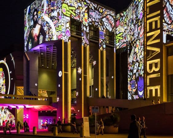 National Gallery facade lit up with colourful video projections