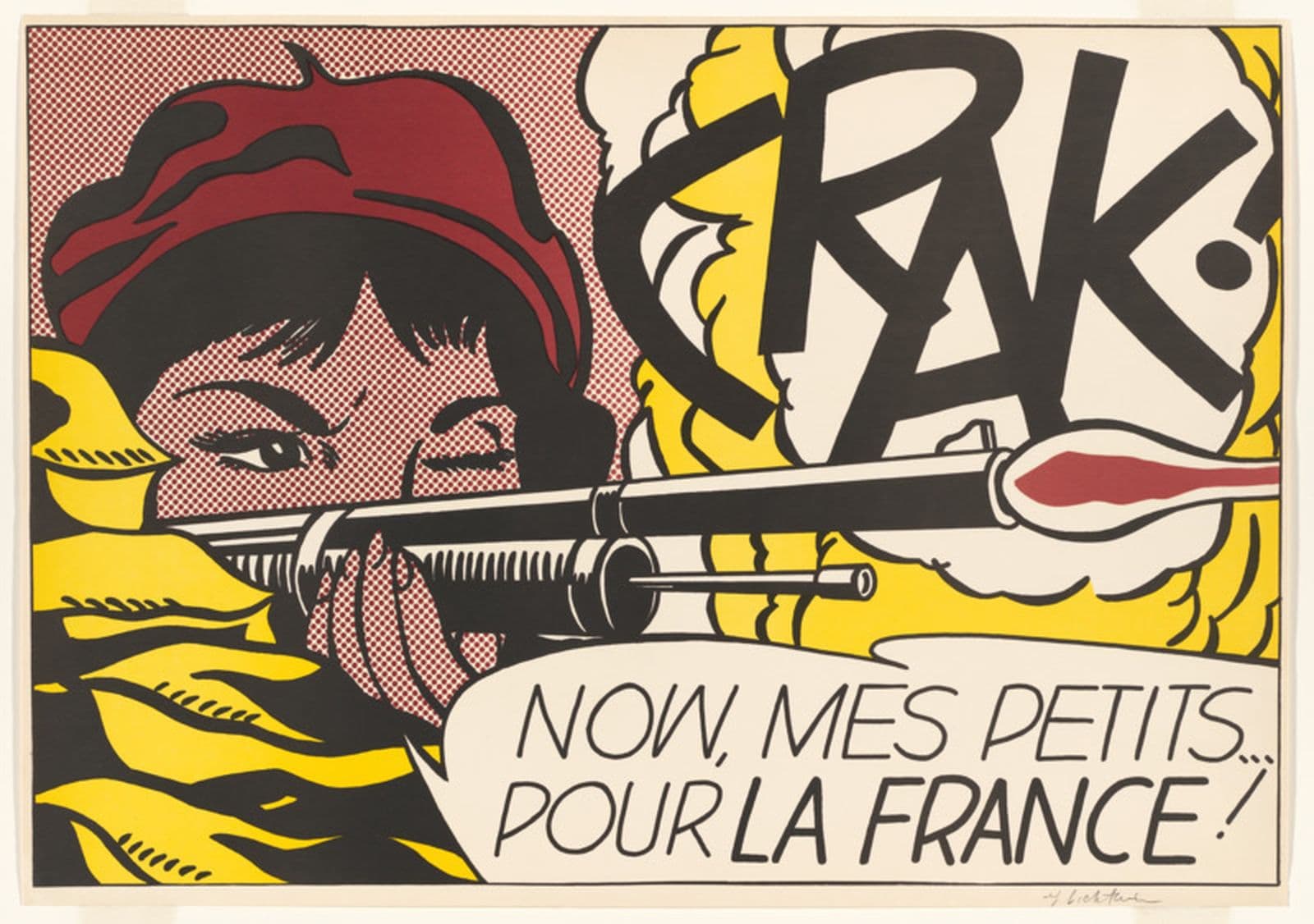 A print in comic book style with a woman shooting a gun.