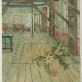 A painting of the inside of a studio with wooden ceiling beams, wooden floors, and a vase of various flowers on the floor