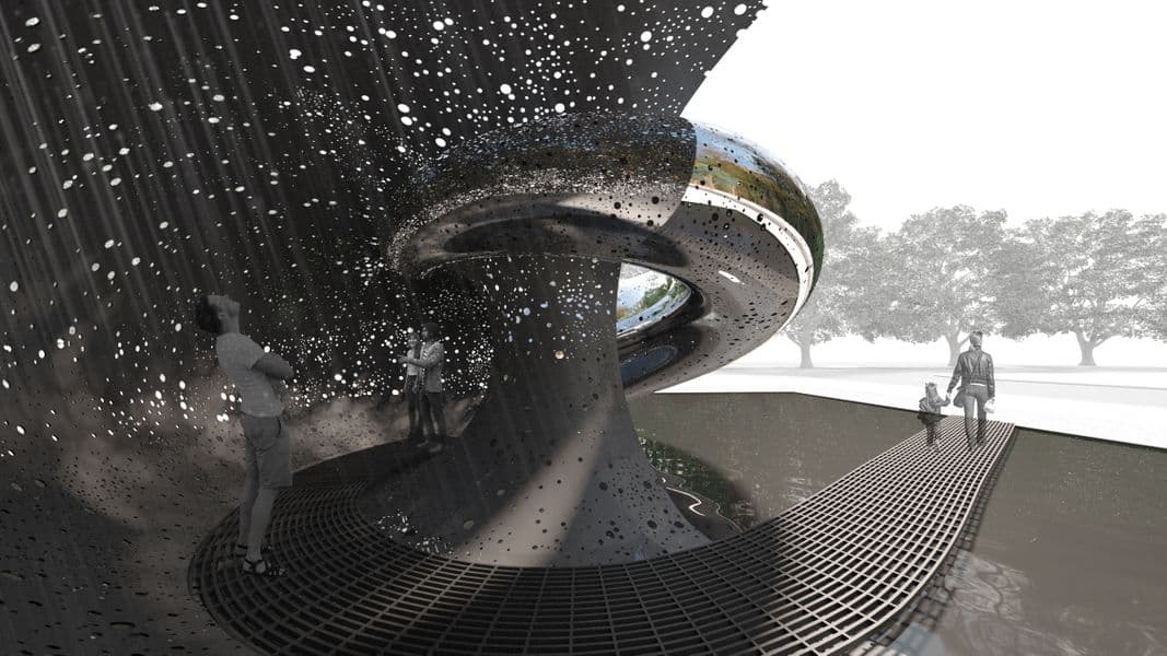 A digital rendering of the inside of a large sculpture, from the perspective os someone standing inside, looking outwards