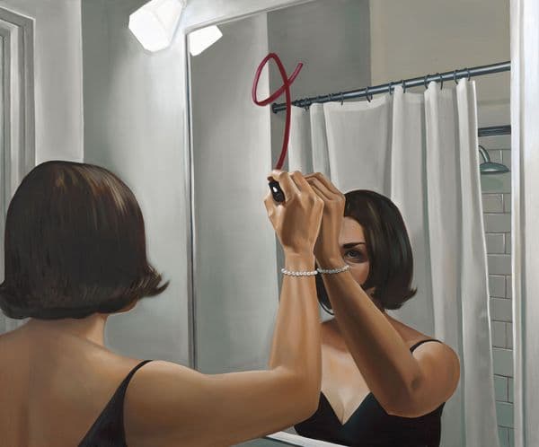 Painting of woman drawing on a bathroom mirror with red lipstick