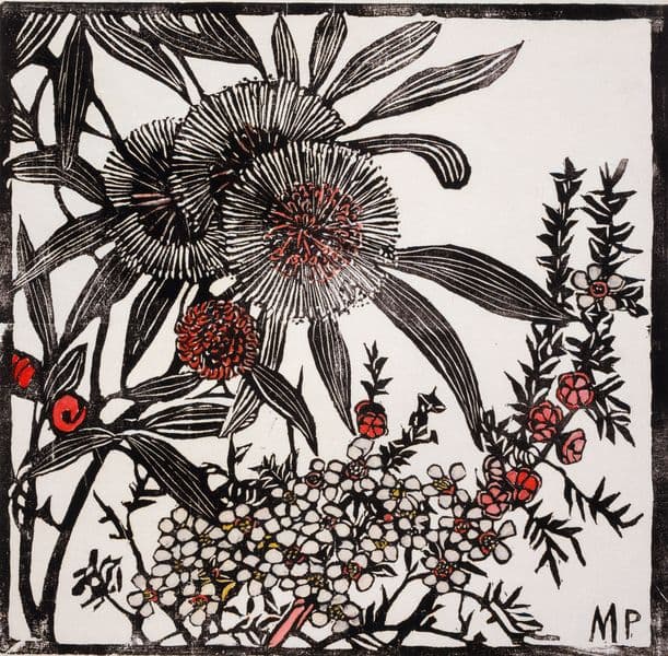 A woodcut depicting various flowers in black on white with limited colours