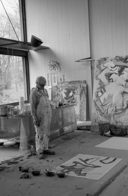 Willem de Kooning drawing tusche washes on aluminum plates for his experimental colour lithograph (processed and proofed by Kenneth Tyler at Gemini GEL, Los Angeles, California and never published) during Kenneth Tyler's visit in 1971, East Hampton, 1971