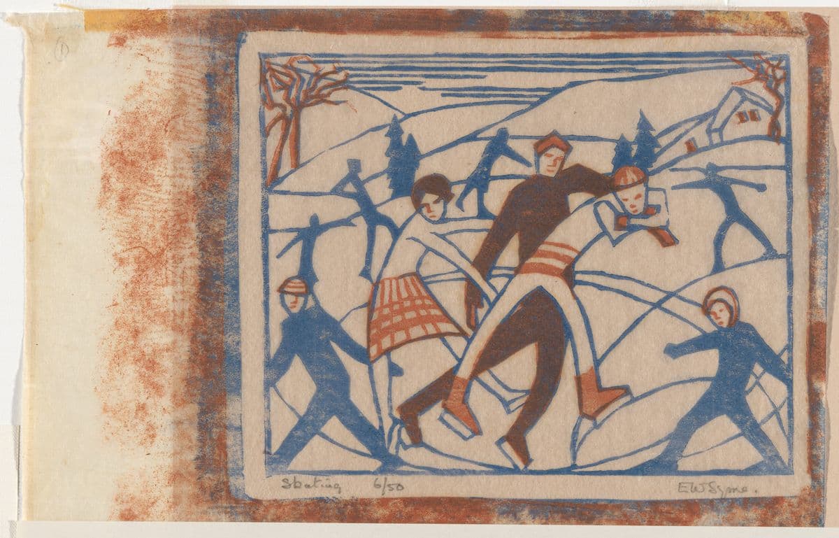 Linocut print of people ice-skating