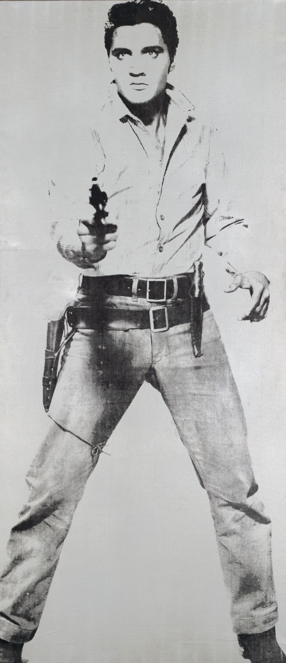 A black and white print of Elvis pointing a gun