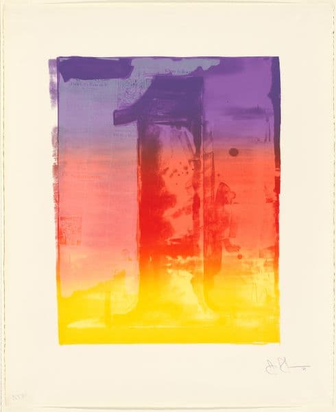 Purple, red and yellow print with a number 1