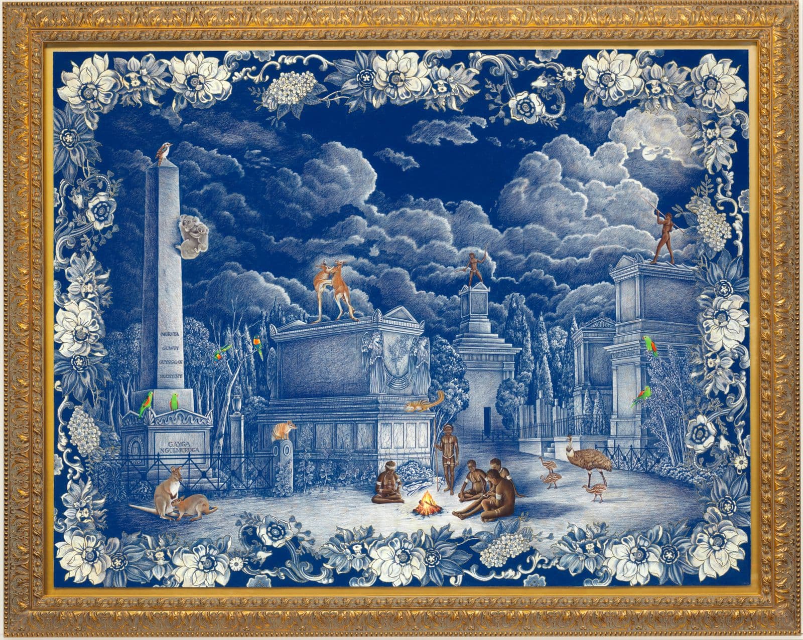 white and blue painting of a European graveyard with multicoloured native animals and a group of indigenous peoples around a campfire