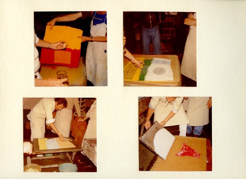 Four photographs of artists in the studio