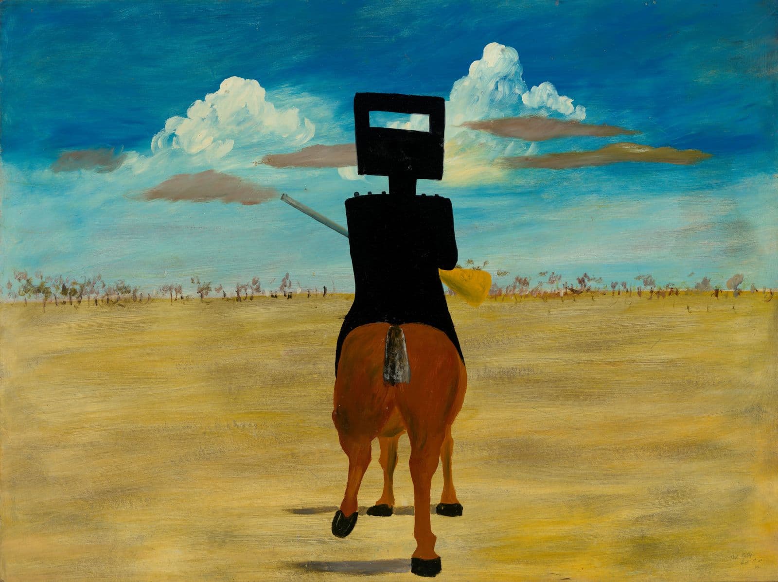 Painting of the back view of a man on a horse wearing a square tin helmet and holding a rifle