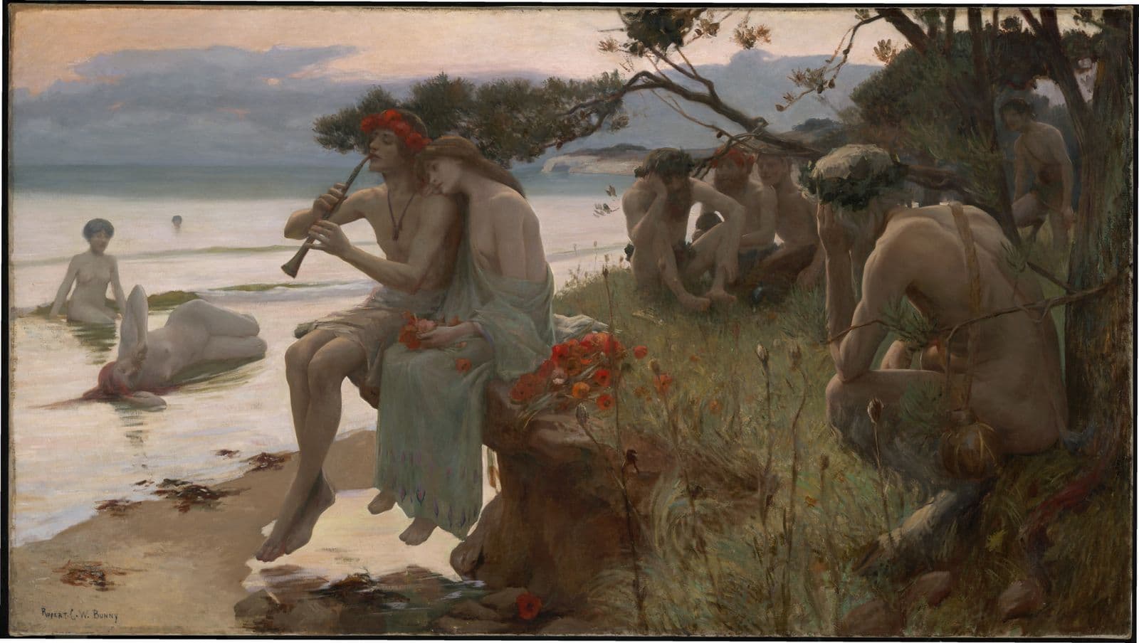 Painting of a scene of young people bathing and resting by the sea
