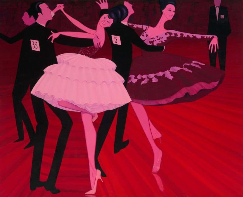 Painting in pinks and reds of two couples dancing.