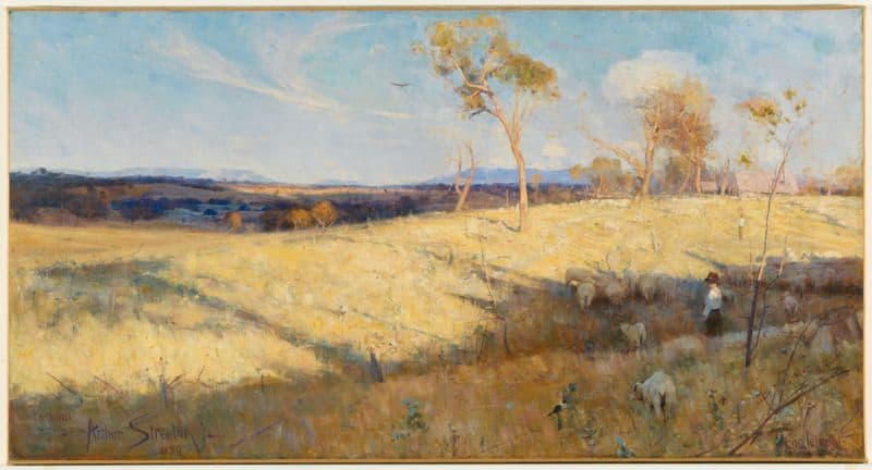 Painting of paddock with sheep and shepherd