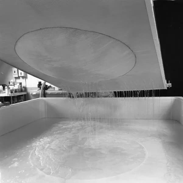 Black and white photo of newly formed paper pulp for Frank Stella’s ‘Moby Dick Domes’ series adhered to shaped vacuum mould being lifted out of the paper pulp vat