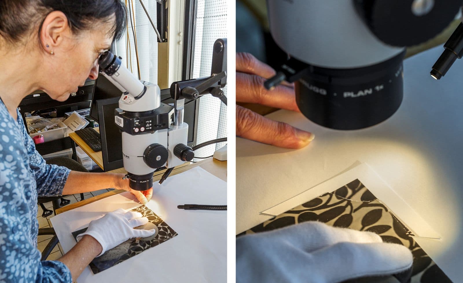 A restorer looks down a microscope to match a torn corner