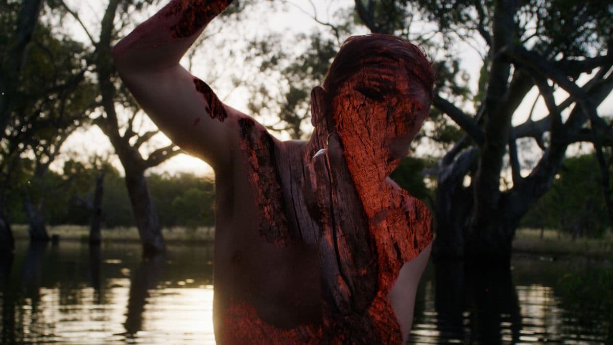 Video still of man standing close to camera with arms above head and red images projected onto body.