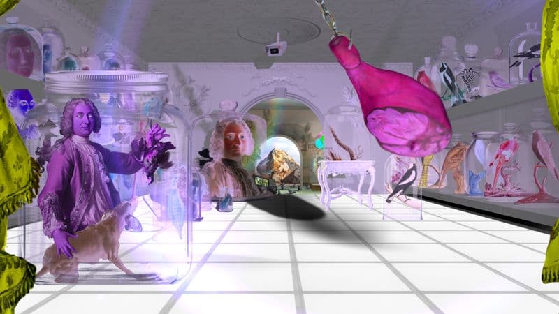 Screen still of animation featuring an elaborate hall with brightly-coloured animals in glass jars on shelves lining the walls