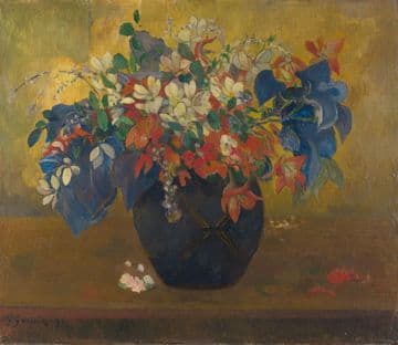 A painting of an eclectic bunch of flowers in a vase