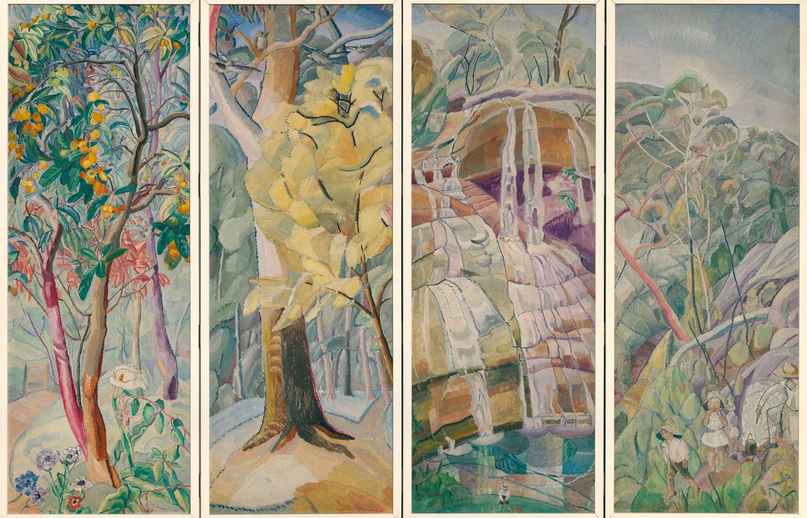 Four panels of screens painted with oils, featuring various trees and flora