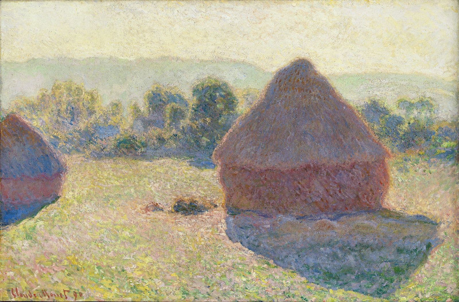 Impressionist painting of haystacks in a field with trees in the background
