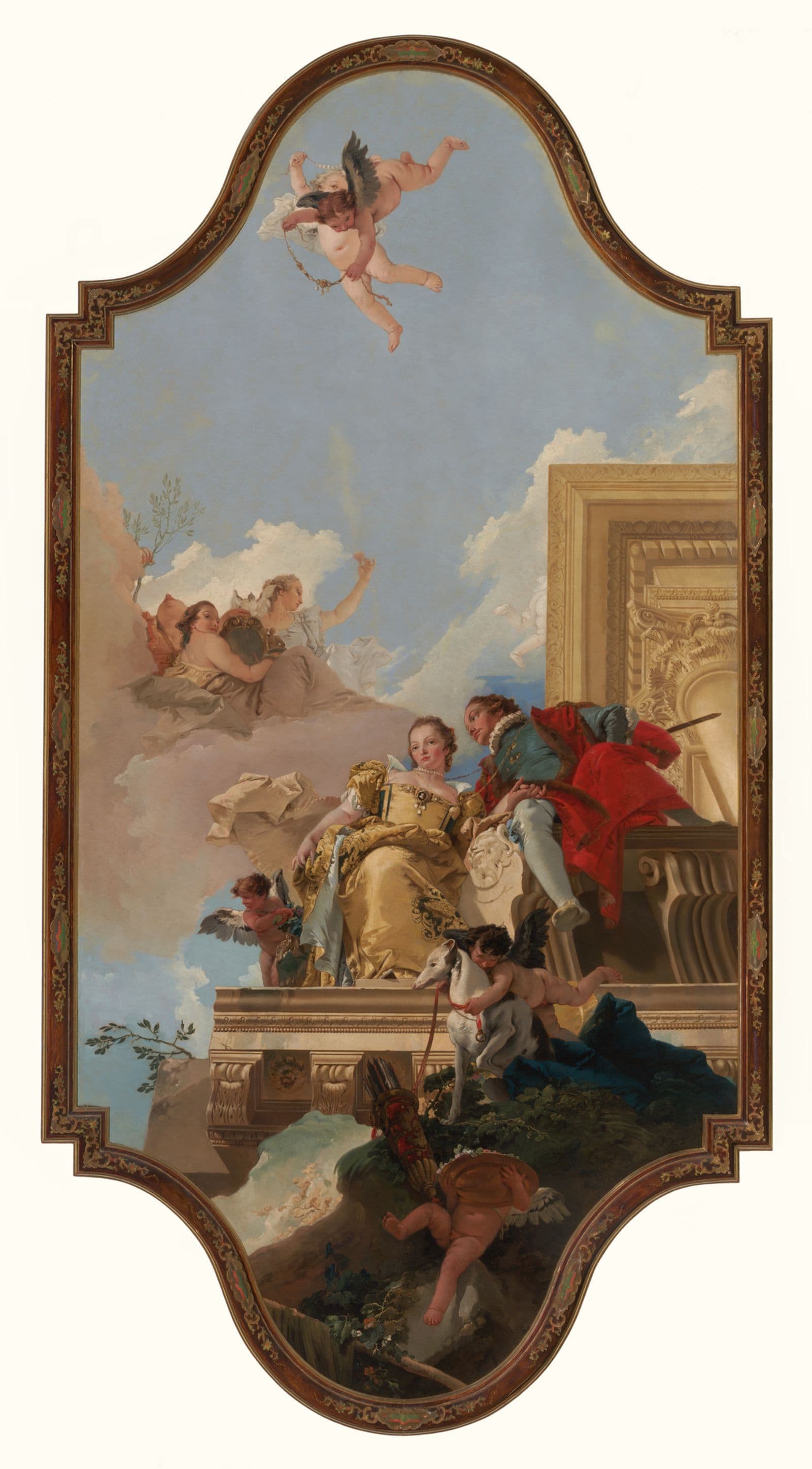 Renaissance painting featuring a marriage scene set in the sky with cherubs in sky