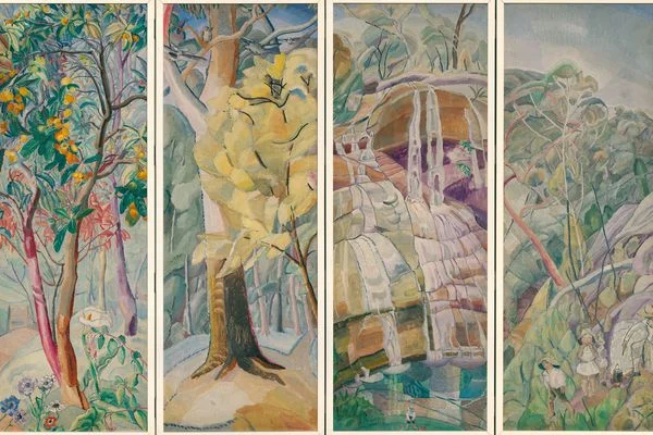 Four panels of screens painted with oils, featuring various trees and flora