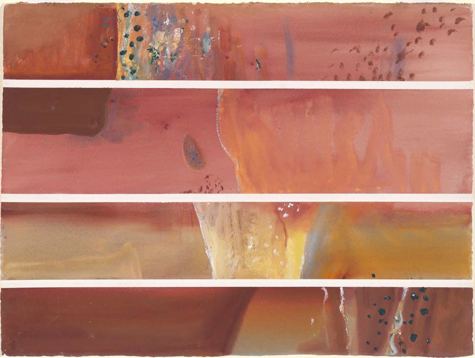 An abstract work of four segments of peach, pink and yellow tones separated horizontally by thick white dividing lines