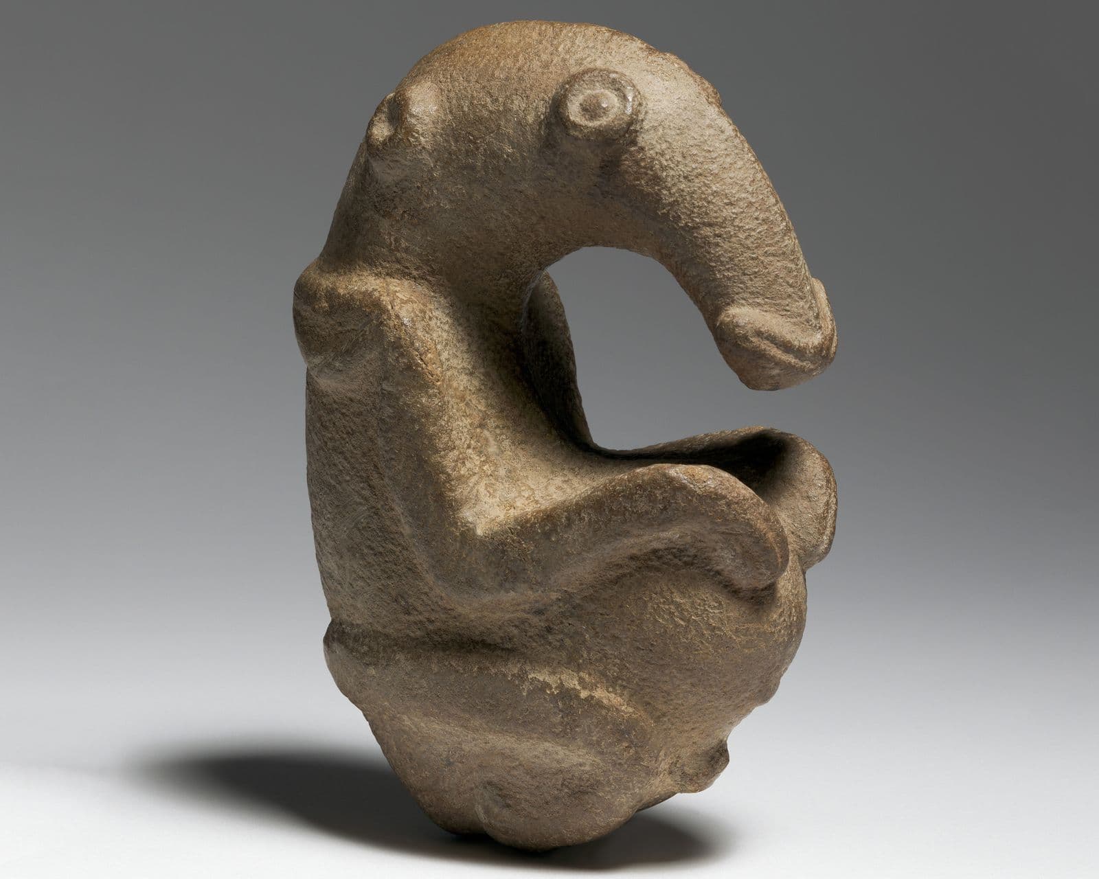 A small prehistoric stone carved object in the form of an animal the resembles a long-beaked echidna.