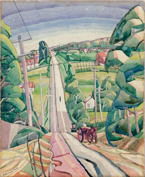 A bright and colourful painting of a road in Sydney