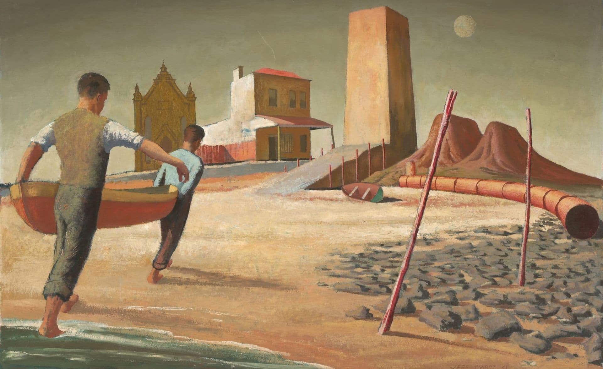 A painting of two men carrying a boat up a beach toward distant buildings