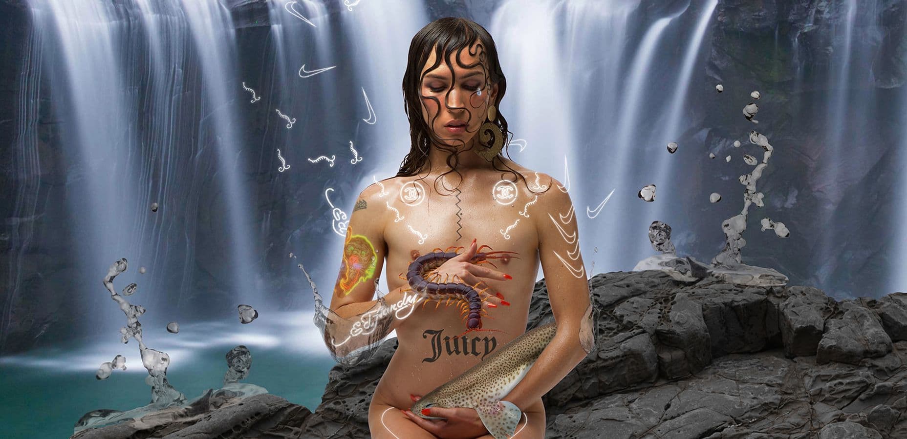 Digital artwork composed of a naked seated woman in front of a waterfall