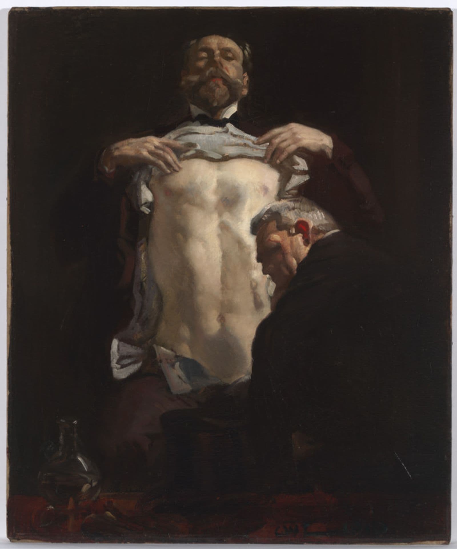 Painting of two men. One is facing the viewer holding his shirt up to expose his torso. The other sits with his back to the viewer, looking over his shoulder slightly