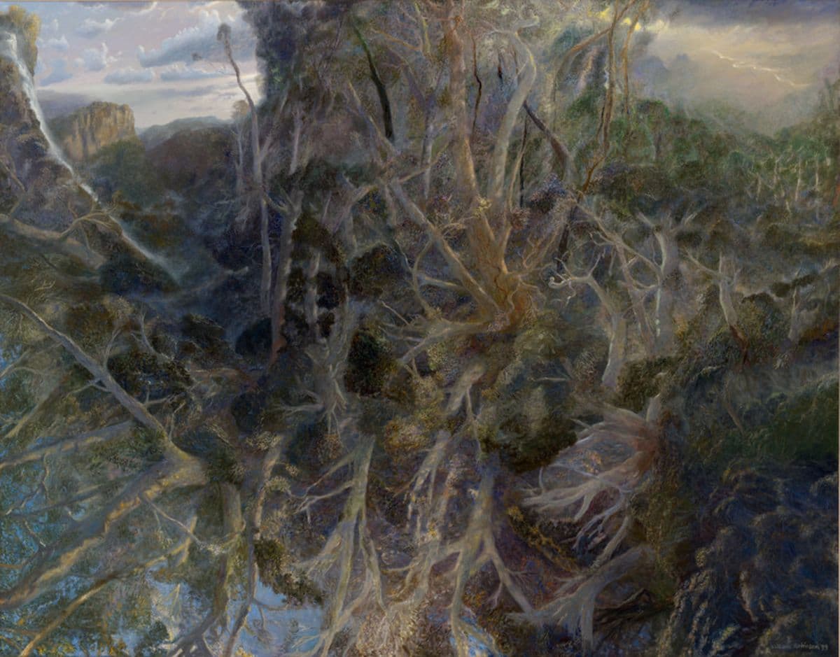 Painting of landscape of trees reflecting in a body of water