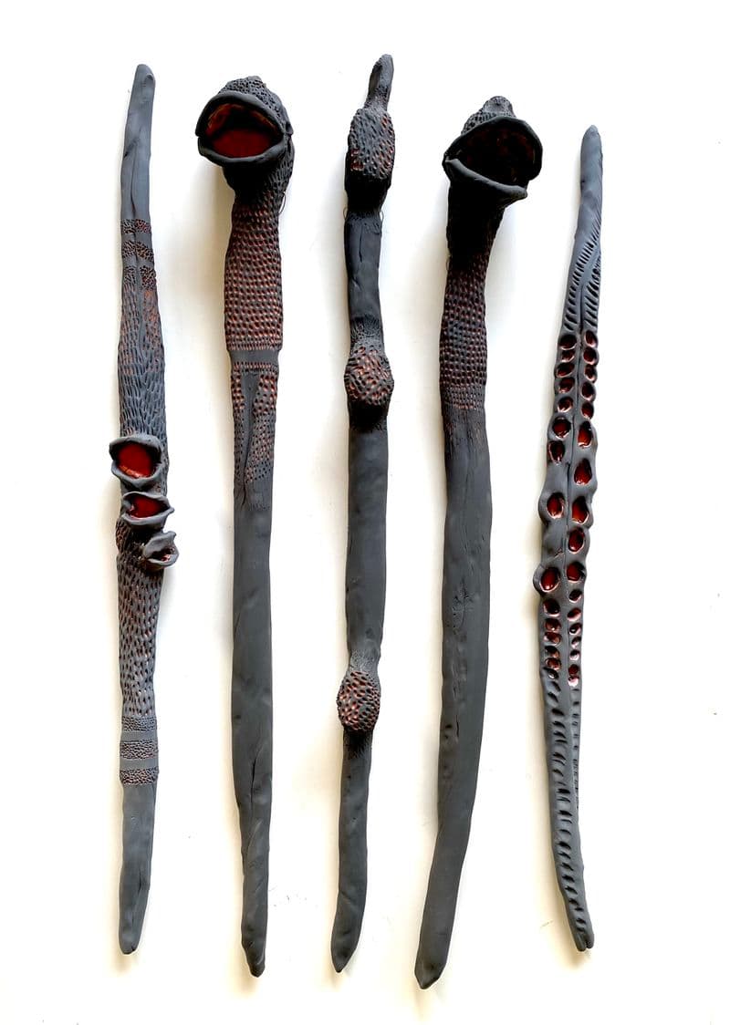 Five ceramic charcoal works formed to look like paperbarks or banksias