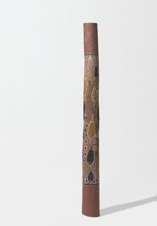Traditional First Nations pole with ochre, yellow, white and black Gecko and blood yam imagery