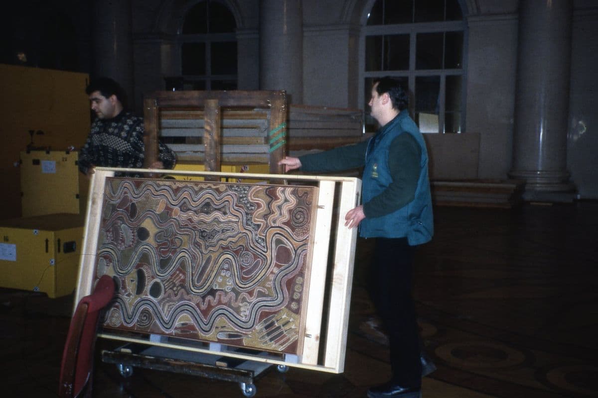 Art handlers unpacking the exhibition at The Hermitage, St Petersberg