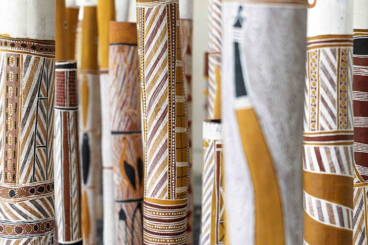 A detailed view the memorial poles from The Aboriginal Memorial
