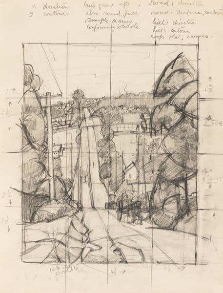 A sketch of a road winding down hills