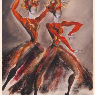 A drawing of two dancing figures in red and orange costumes with similar coloured head pieces