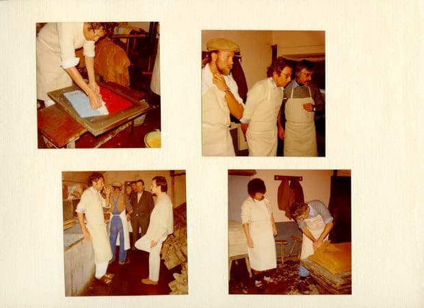 Scrapbook page with 4 photographs of artists in the print studio