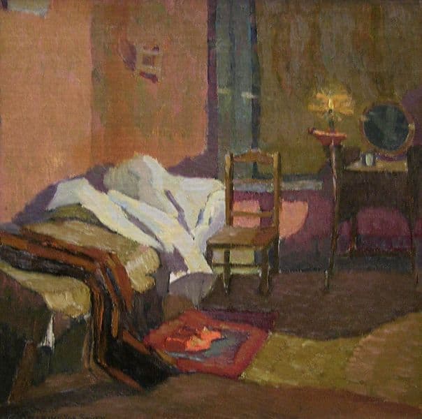 A painted picture of a bedroom scene