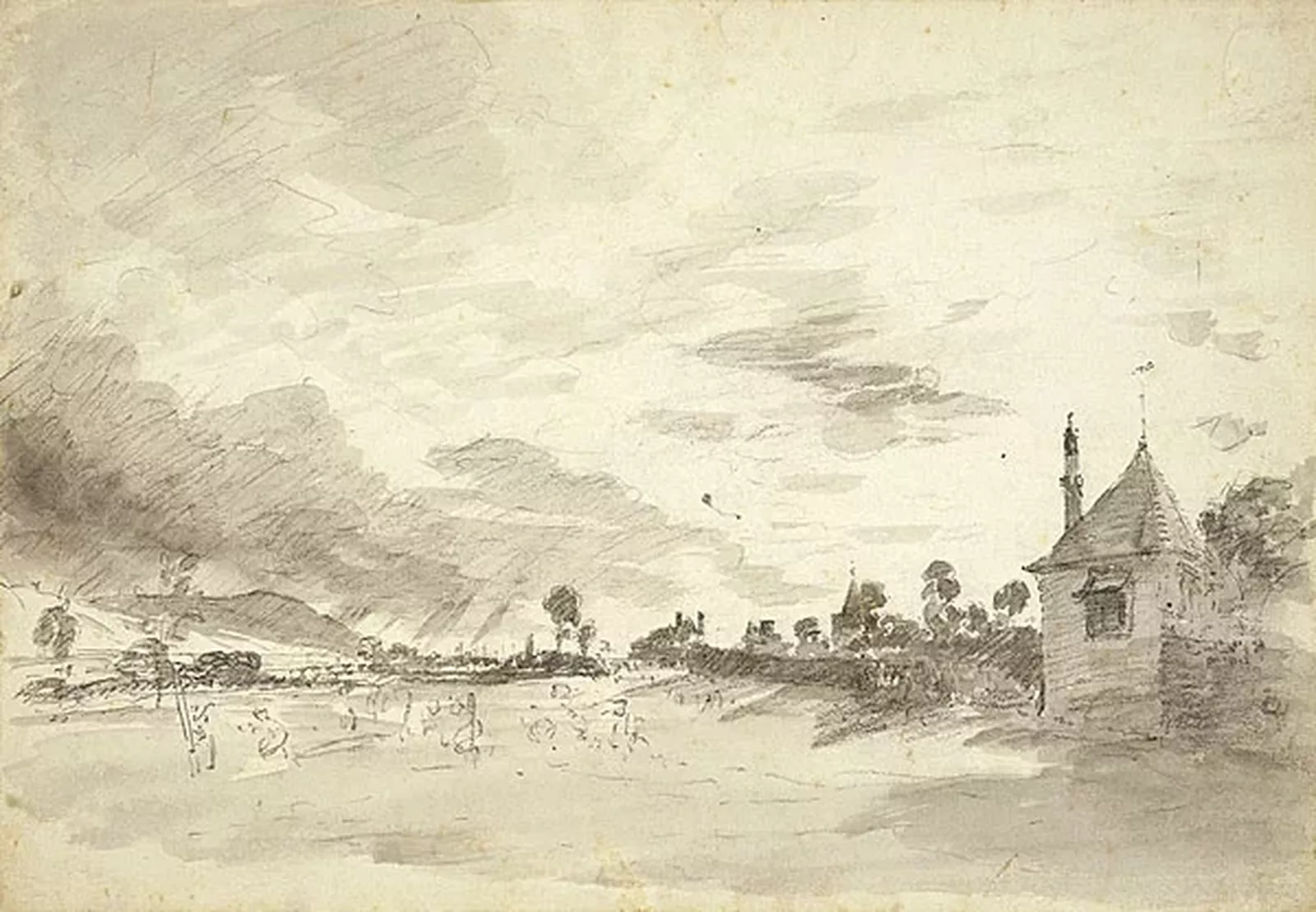 A black and white sketch of a landscape with one building with storm clouds overhead