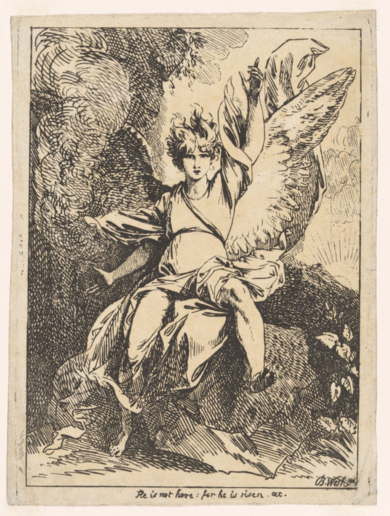 Drawing of angel sitting on a rock